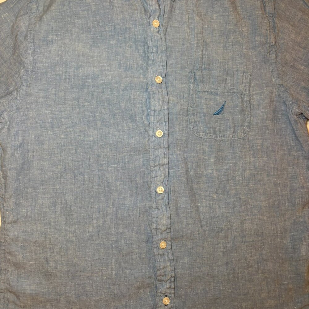 Nautica Shirt Men's Large, Blue, 100% Linen, Short Sleeve, Preppy, Old Money - Picture 3 of 7